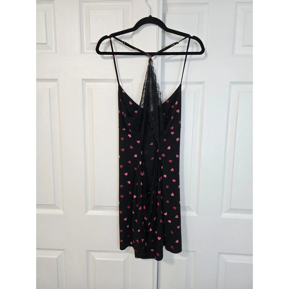 Victoria's Secret Black Heart Print Lace Racerback Modal Chemise Nightgown XL